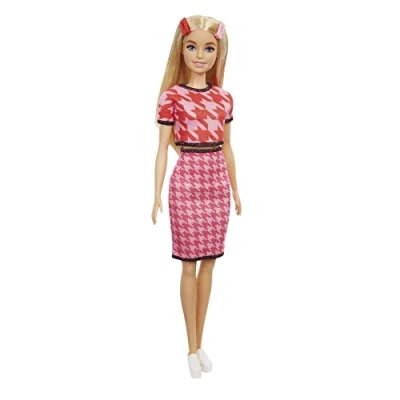 Imagen de Barbie Fashionista Muñeca Rubia con Conjunto de Falda y Top Pata Gallo Accesorios Moda Juguete (Mattel GRB59)