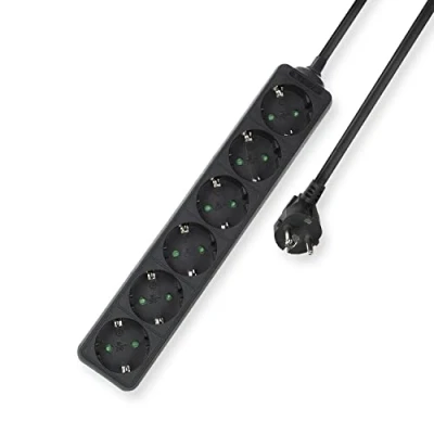 Imagen de ACT regleta de 6 enchufes, 3 m, múltiple Negra con protección para niños, Enchufe distribución ángulo 45 Grados AC2460