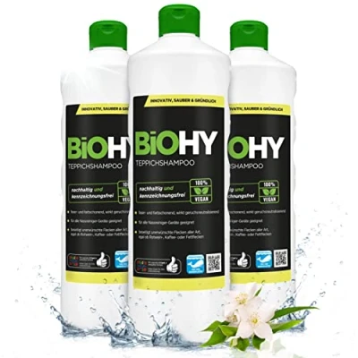 Imagen de BiOHY Champú para alfombras (3 botellas de 1 litro) Limpiador concentrado elimina las manchas rebeldes bien tolerado por los animales amigable con materiales (Teppichshampoo)