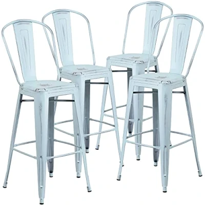 Imagen de Flash Furniture Muebles Paquete de 4 taburetes Bar Metal Envejecido 30 Pulgadas para Interiores y Exteriores con Respaldo, Verde Azul, Unidades