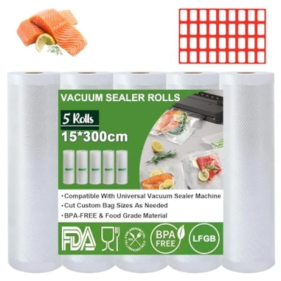 Imagen de Omtofo bolsas de envasado al vacío, 5 rollos, 15 x 300cm/rollo, vacío para alimentos, sin BPA, 150 µm, rollo lámina todas las envasadoras microondas y sous