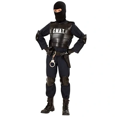 Imagen de Widmann Disfraz infantil S.W.A.T, chaleco antibalas, cinturón con funda y bolsa, rodilleras, coderas, máscara, agente secreto, carnaval, fiesta temática