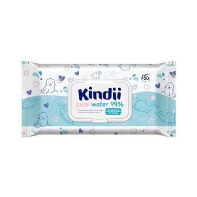 Imagen de Kindii Pure Water Toallitas húmedas Aqua Para Bebé, Composición a base de agua 99% 99%, Alantoína, Sin perfume, Dermatológicamente probado, piel sensible, Paquete 60