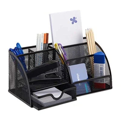 Imagen de Relaxdays Organizador de Escritorio Malla con 6 Compartimentos, Metal, Negro, 12.5 x 27.5 14 cm