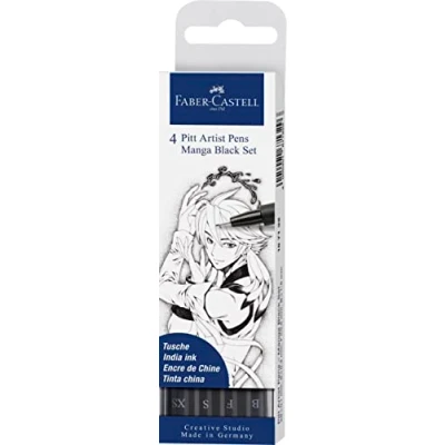 Imagen de Faber Castell 167132 Pack de 4 rotuladores para dibujo Manga Black Set, puntas diferentes grosores, color negro