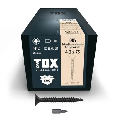Imagen de TOX tornillos para cartón yeso DRY FG 4,2 x 75 mm, fosfatados negros con cabeza de trompeta + rosca fina, sobre subestructura metálica, 500 piezas, incl. 1x broca, 142453214275