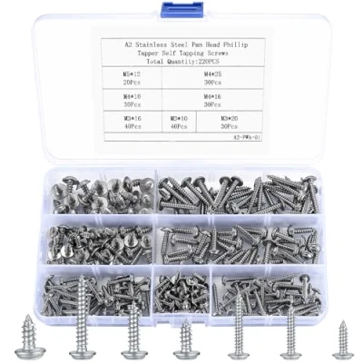 Imagen de 220 Piezas Tornillos Autorroscantes, Cruzados para Madera de Cabeza Plana con Arandelas, Autoperforantes Acero Inoxidable M3 M4/M5