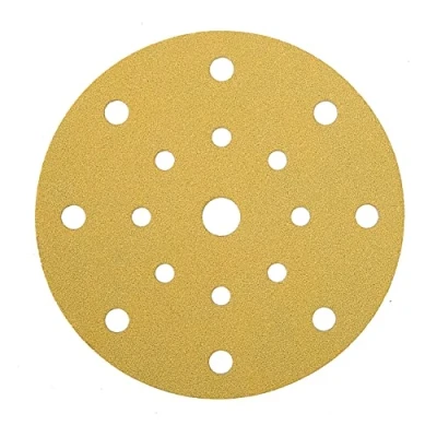 Imagen de Mirka Gold Papel de lija universal Ø 150mm Velcro 17 agujeros / grano P320, 100 piezas Para lijar yeso, masilla, aglomerado, madera, laca