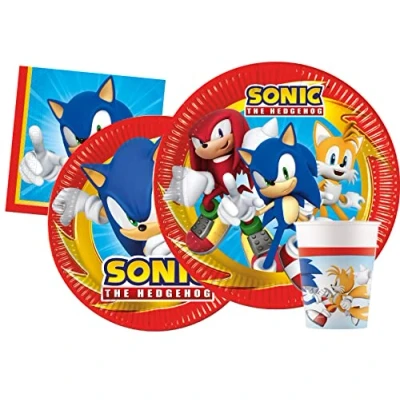 Imagen de Ciao Kit Mesa Fiesta Party Sonic the Hedgehog para 24 personas (112 piezas: platos de papel Ø23cm, Ø20cm, vasos 200ml, 40 servilletas 33x33cm)