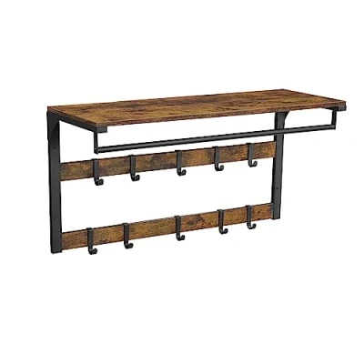 Imagen de VASAGLE Perchero de Pared, Colgante con 10 Ganchos Extraíbles, Doble Fila y Barra Colgar, para Pasillo, Dormitorio, Baño, Marrón Rústico Negro LCR201B01
