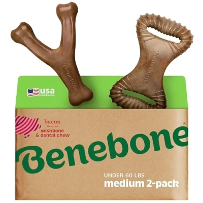Imagen de Benebone Paquete de 2 masticables dentales indestructibles para masticadores agresivos, rompedor aburrimiento Resistente Larga duración Perros, Sabor Real a Tocino, Perros medianos,