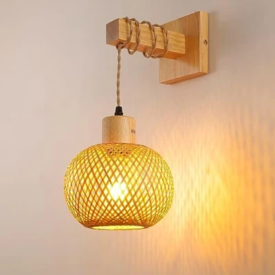 Imagen de Schindora Apliques De Pared Dentro La LáMpara Bambú Vintage, Tejido A Mano Dormitorio E27 Aplique Hecha Metal Y Madera Para Cocina BalcóN Pasillo