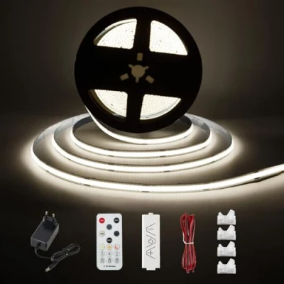 Imagen de Enteenly Tira LED COB Blanco Frío 3 Metros, Kit de Luz para Bajo Gabinete con Control Remoto RF Vitrina, Cocina, Escritorio, Estante, Armario, Incluye Adaptador 24V, 6500K