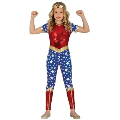 Imagen de FIESTAS GUIRCA Disfraz de Heroína Estrella Niña Atuendo Infantil Chica Maravilla con Mono en Rojo Metálico, Azul y Dorado para Niñas 5 6 Años