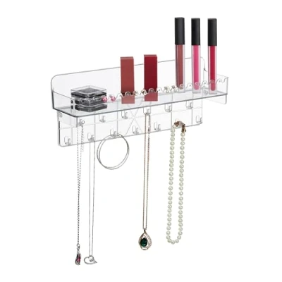 Imagen de Relaxdays Soporte Expositor de Joyas Pared, para Collares, Pendientes y Pulseras, Colgador con Balda, 12x30x8 cm, Transparente