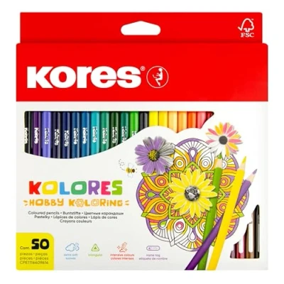 Imagen de Kores Kolores: 50 lápices de colores para niños, principiantes y adultos con mina suave forma triangular, material escolar, juego surtidos