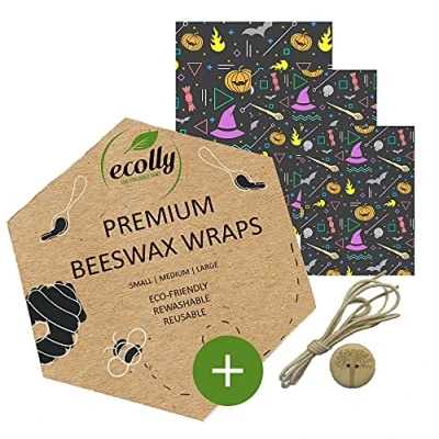 Imagen de ecolly Toallitas de cera abejas Juego 3 (S, M, L), Papel abejas, Premium Beeswax Wraps, sin plástico y reutilizable, aceite jojoba Halloween