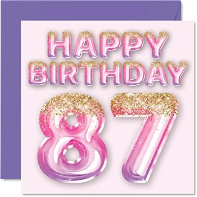 Imagen de Tarjeta de cumpleaños número 87 para mujer, globos purpurina rosa y morada, tarjetas feliz mujer años, mamá, gran niñera, abuela, 145 mm x mm, ochenta