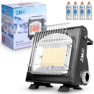Imagen de Z.M.C calentador de gas portátil 2 en 1 y hornillo + 4 cartuchos 227 g, cerámica para camping 1,7 kW, exterior e interior, calefactor móvil con