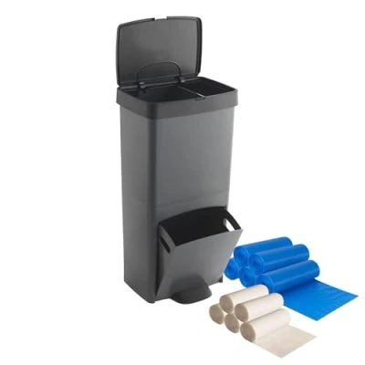 Imagen de Pack Cubo de basura o reciclaje 70L, VERTICAL, 2 Compartimentos, Papelera residuos, 76 cm, fácil gestión, INCLUYE bolsas adaptadas (10L + 3