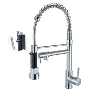 Imagen de grifo de cocina con rociador desplegable arco alto, fregadero resorte una sola manija, cromo brillante