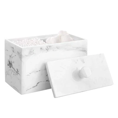 Imagen de Luxspire Caja de Algodón Bastoncillos con 2 Compartimentos Tapa, Maquillaje, Maquillaje Contenedor, Versátiles Frascos Almacenamiento 13.5 x 7 9.5cm Ink Blanca