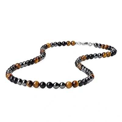 Imagen de GAVU Collar de Hombre Piedras Naturales y Cristales Curativos con Cuentas 6mm Hematita Ojo Tigre Obsidiana 50cm