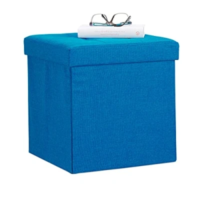 Imagen de Relaxdays, 38x38x38 cm, Azul Taburete Plegable, Reposapiés Cuadrado, Tapa extraíble, Lino, Poliéster