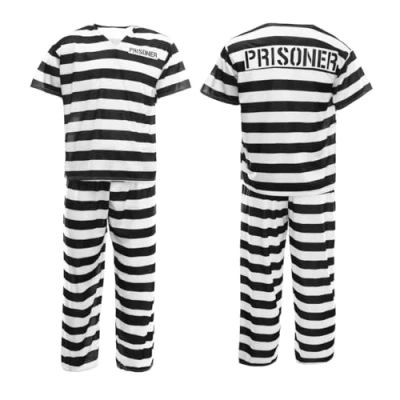 Imagen de Disfraz de prisionero para adultos convicto hombre parte superior rayas en blanco y negro, pantalones sombrero a juego, televisión cine unisex