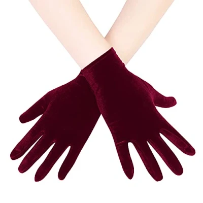 Imagen de EORUBE Guantes cortos de terciopelo ópera para mujer 1920 Flapper Elástico hasta la muñeca banquete Fiesta té disfraces Halloween (Borgoña oscuro)
