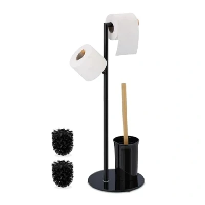 Imagen de Relaxdays Escobillero y Portarrollos, Escobilla Baño, 2 Soportes Papel Higiénico, WC, 64x27x22cm, Acero, Negro