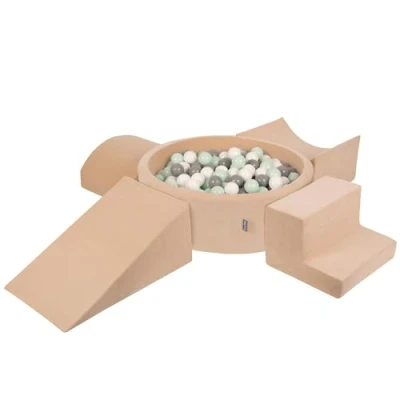 Imagen de KiddyMoon Parque Terciopelo Infantil De Espuma con Rodondo Piscina Bolas (200 Bolas) + Cuna para Niños, Beige Arena: Blanco/Gris/Menta