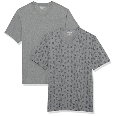 Imagen de Amazon Essentials Camisetas de manga corta con cuello pico y corte ajustado Hombre, Pack 2, Gris Mezcla Estampado Cactus, XL