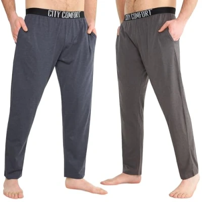 Imagen de CityComfort Largo Pantalon Pijama con Bolsillos para Hombre, Pack de 2 (L, Azul Marino/Carbón, Cintura elástica)