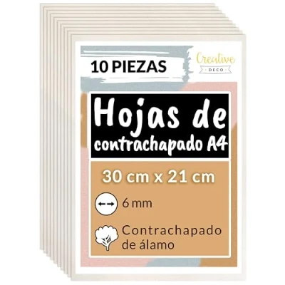 Imagen de Creative DECO 10 x A4 Tablero Madera Contrachapado de Álamo 300 210 6 mm (+/ 0.5mm) Manualidades Chapa Maciza para Bricolaje Ideal Pirograbado, Corte por Laser, CNC Router, Modelado