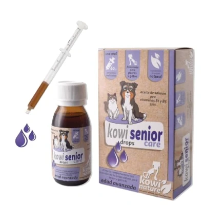 Imagen de Kowi Senior Care Drops. Aceite de Salmón Perros y Gatos Edad Avanzada (Mayores 7 años). Omega 3, Vitaminas B1 B5, EPA, DHA, Palmitoiletanolamida (PEA). Ingredientes 100% Naturales. Frasco 60 ml.