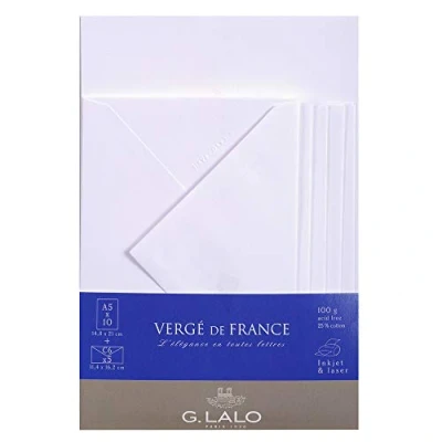 Imagen de G. Lalo 61450l conjunto 10 hojas y 5 sobres Verge de France A5, 21.30 x 16.30 0.80 cm, extra blanco