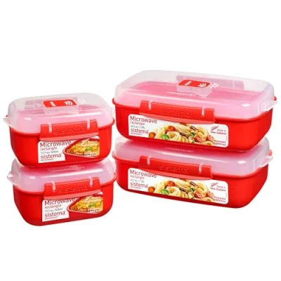 Imagen de Sistema Heat and Eat microondas juego 4 recipientes rectangulares con tapas para alimentos (2 de 1,25 l + 2 525 ml) Clips cierre y sistemas ventilación del vapor Sin BPA