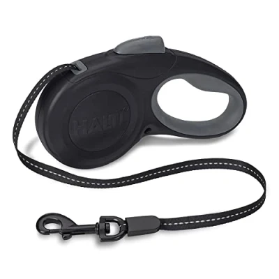 Imagen de Correa extensible para perros HALTI Tejido reflectante y mango ergonómico de gel suave. Patentado Sistema Seguridad Break Bloqueo. Apto pequeños (Talla S, Negro)