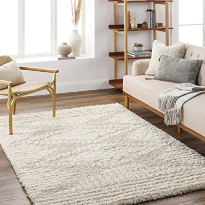 Imagen de Surya Tuzla Shaggy Rug Alfombra Salon Grande Habitacion, Dormitorio Pelo Largo Berber Abstracta, Grueso y Esponjoso de 160x220cm, Blanco, Beige Claro