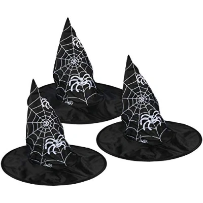 Imagen de com four® 3X Sombrero de Bruja para Disfraz Mago Ideal Carnaval, Halloween o Mardi Gras. (03 Piezas Tela araña)