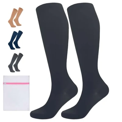 Imagen de 360 Relief Medias de Compresión para Mujeres y Hombres 1 Par Tallas Grandes Calcetine Deportes, Correr, Volar, Viaje, Trabajo, Footing 3XL Negro con Bolsa Malla