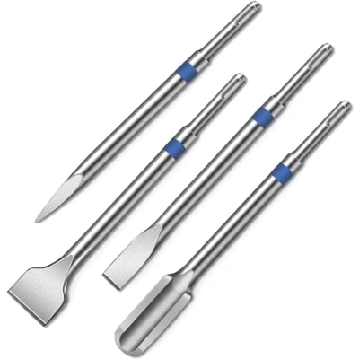 Imagen de HYCHIKA Juego de cinceles SDS Plus 4pcs que consiste en cincel azulejo 40mm, plano 20mm, canal 25mm y puntiagudo para azulejo, hormigón, piedra, mampostería