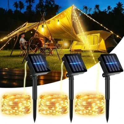Imagen de Pavlleen 3 Pack Guirnaldas Luces Exterior Solar, IP65 Impermeables, 12M 120 LED Solares Jardín, 8 Modos Cadena de Decoracion para Arbol Fiestas Bodas Patio Festivales Halloween