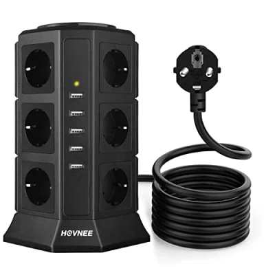 Imagen de HOVNEE Regleta Vertical Enchufes de 12 Tomas Corrientes y 5 Rápida USB Tomas, Alargadora Cable 2m con Protección Interruptor, Base Múltiple, Tapón Seguridad, 2500W/10A (17 EN 1)