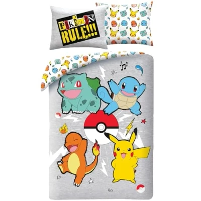 Imagen de Juego de cama Pokemon Rules, funda nórdica 140 x 200 cm + almohada, con Pikachu, Bulbizarre, Salamèche y Carapuce