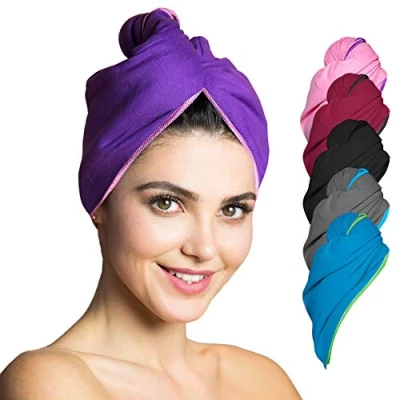 Imagen de Fit Flip Toalla Turbante para el Secado rápido de Cabello, Toallas Microfibra Ultra Absorbente Pelo, con botón 1 Pieza púrpura Borde Rosa