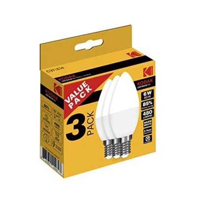 Imagen de Pack 3 X Bombilla Kodak LED Vela C37 E14 480LM Calido 3000K 6W=40W NO Regulable