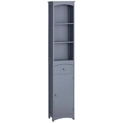 Imagen de HOMCOM Armario Alto de Baño Estrecho con 1 Cajón y 3 Estantes Abiertos Columna Estilo Moderno para Salón Aseo Cocina 34x24x170 cm Gris