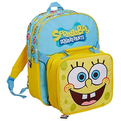 Imagen de SpongeBob SquarePants Mochila para niños con bolsa de almuerzo aislada fresca y niñas regreso a la escuela Snack Box 2 piezas sándwich set desmontable, Talla única,